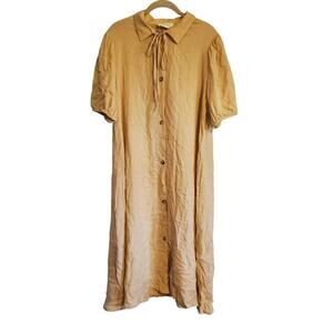 American Vintage Tan Short Sleeve Bow Collar Button Up Front Short Sleeve Dress